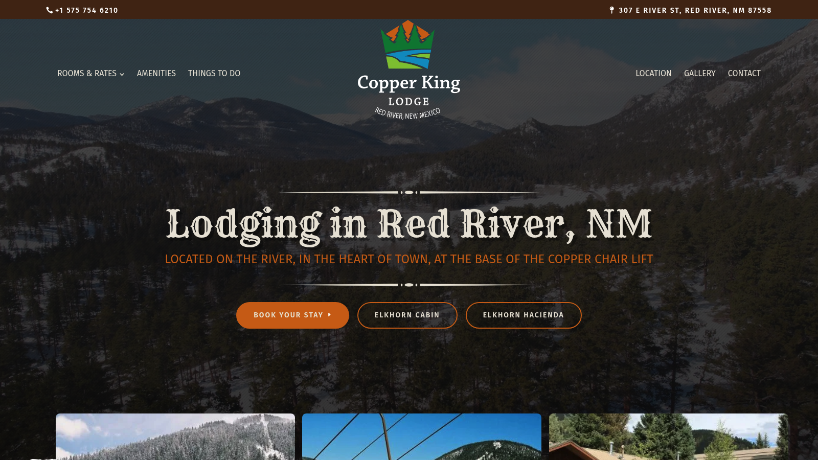 Copper King Lodge homepage with the Red River lodging headline and a booking button
