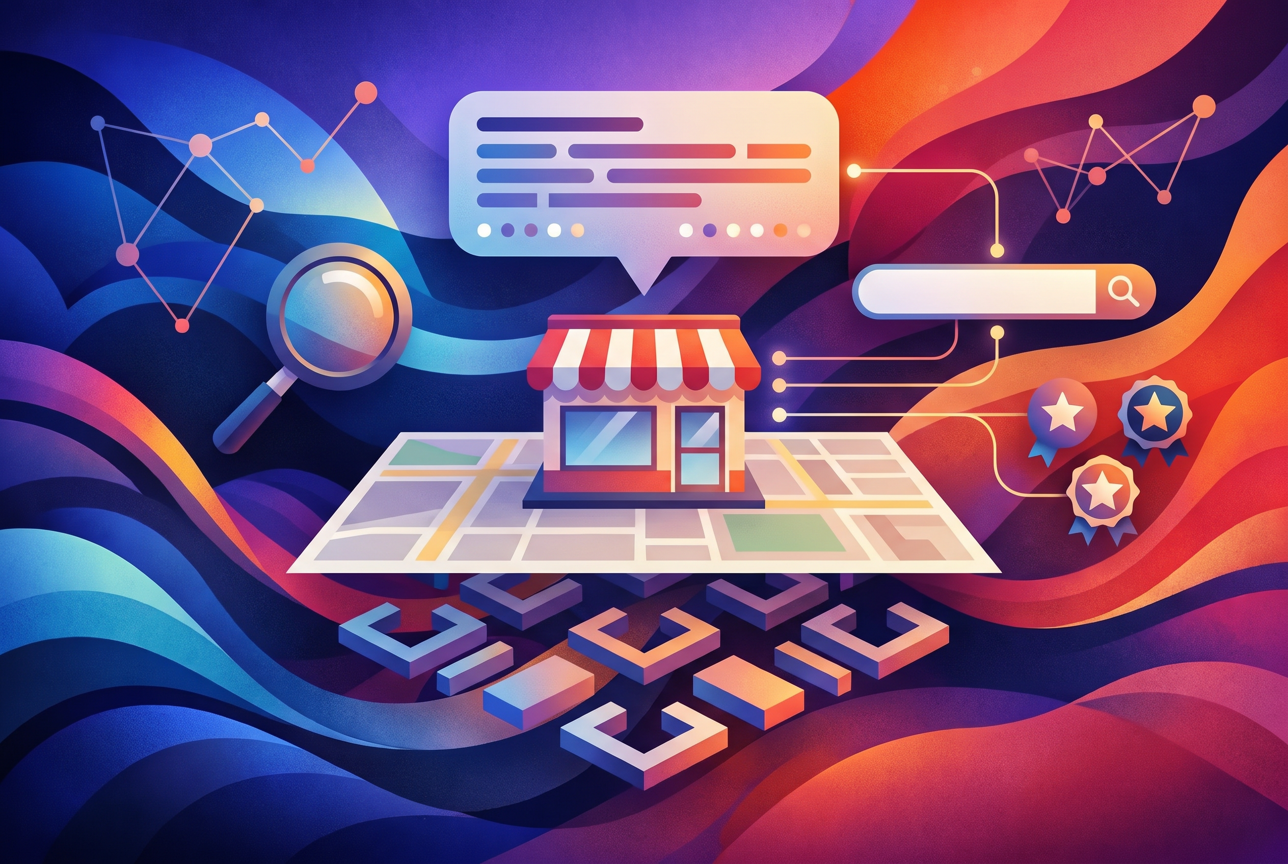 Illustration of a small storefront on a street map, lifted to reveal a lattice of bracket shapes beneath it, with an answer panel of abstract text bars above linked to a search bar and review badges.