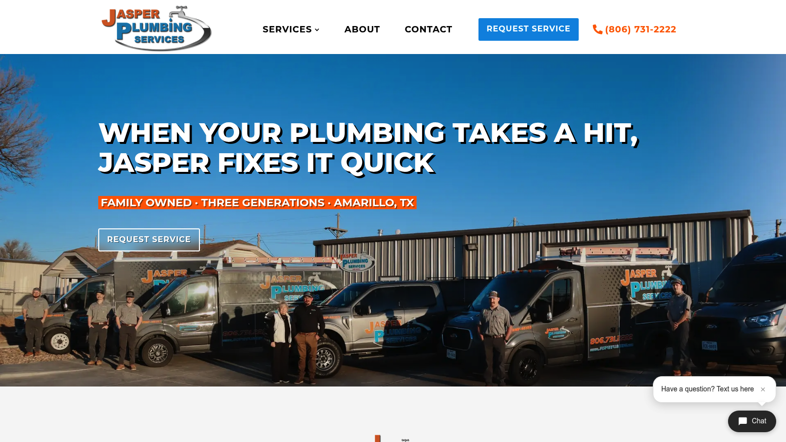 Jasper Plumbing homepage with the service headline and phone number in view