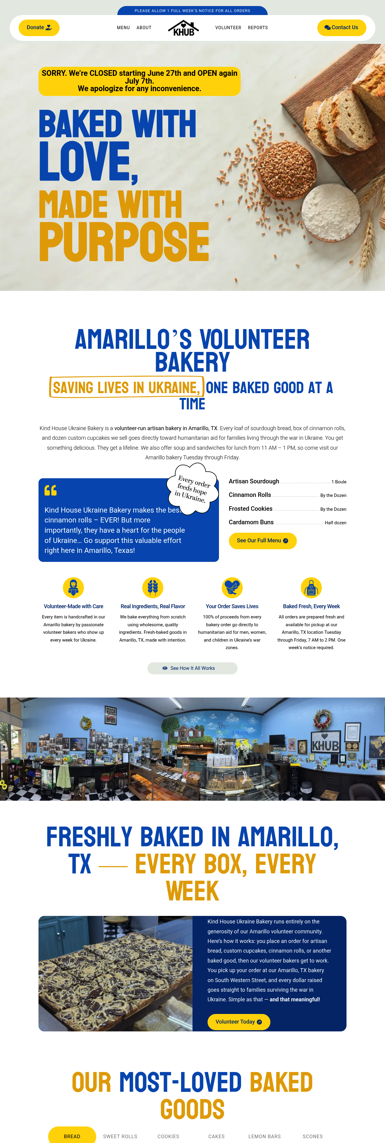 Full-page view of the Kind House Ukraine Bakery homepage from hero through menu and reviews