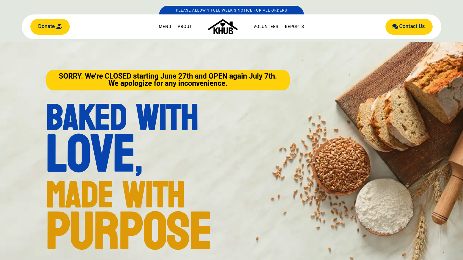 Kind House Ukraine Bakery homepage showing the Amarillo volunteer bakery headline and order call to action