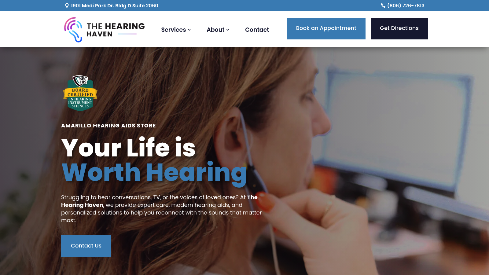 The Hearing Haven homepage with the practice headline and appointment call to action
