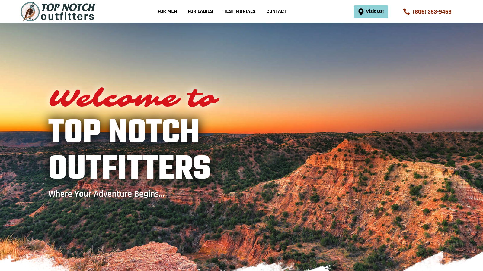 Top Notch Outfitters homepage with the store name and Amarillo, TX headline