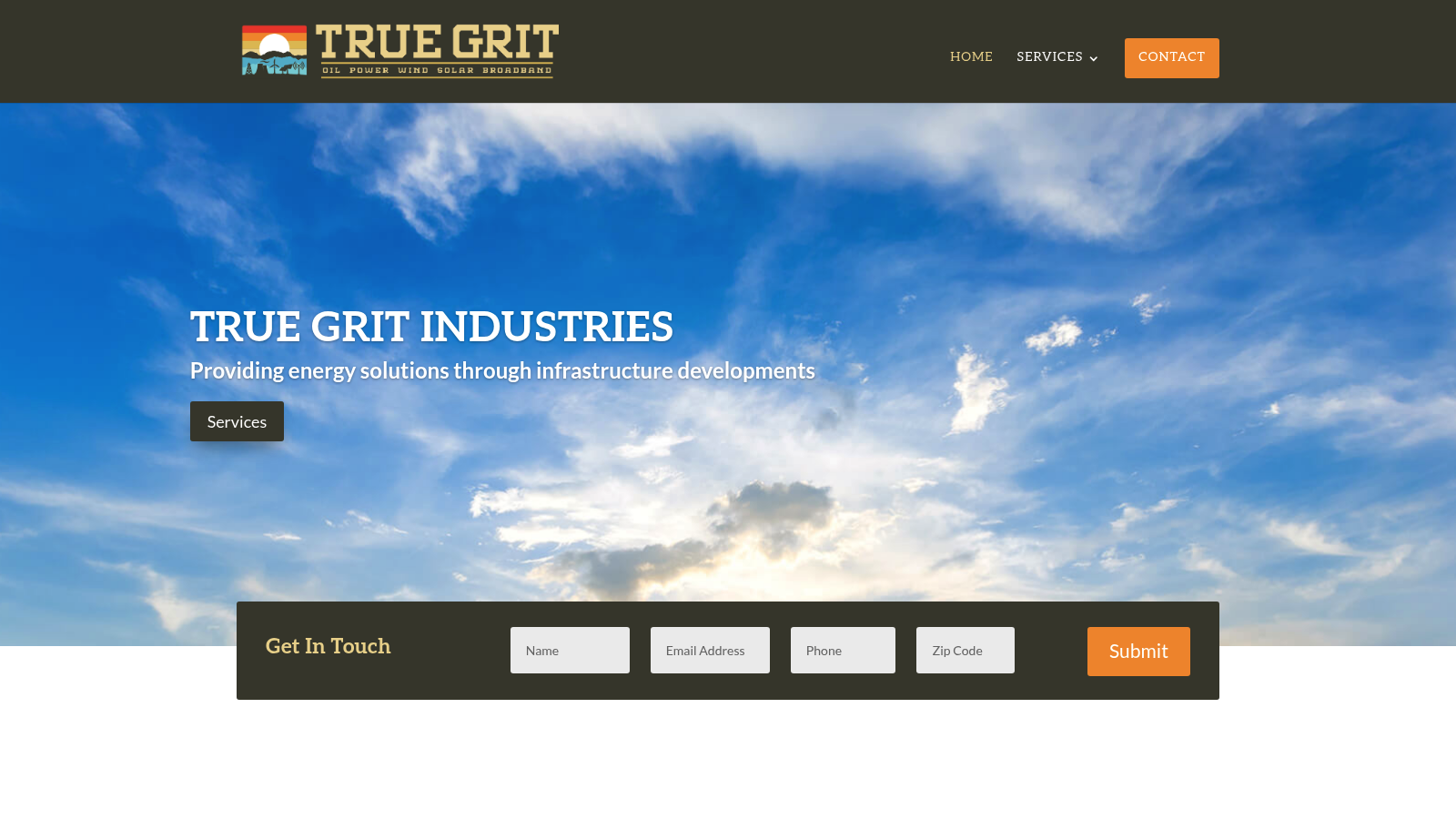 True Grit Industries homepage showing energy infrastructure services