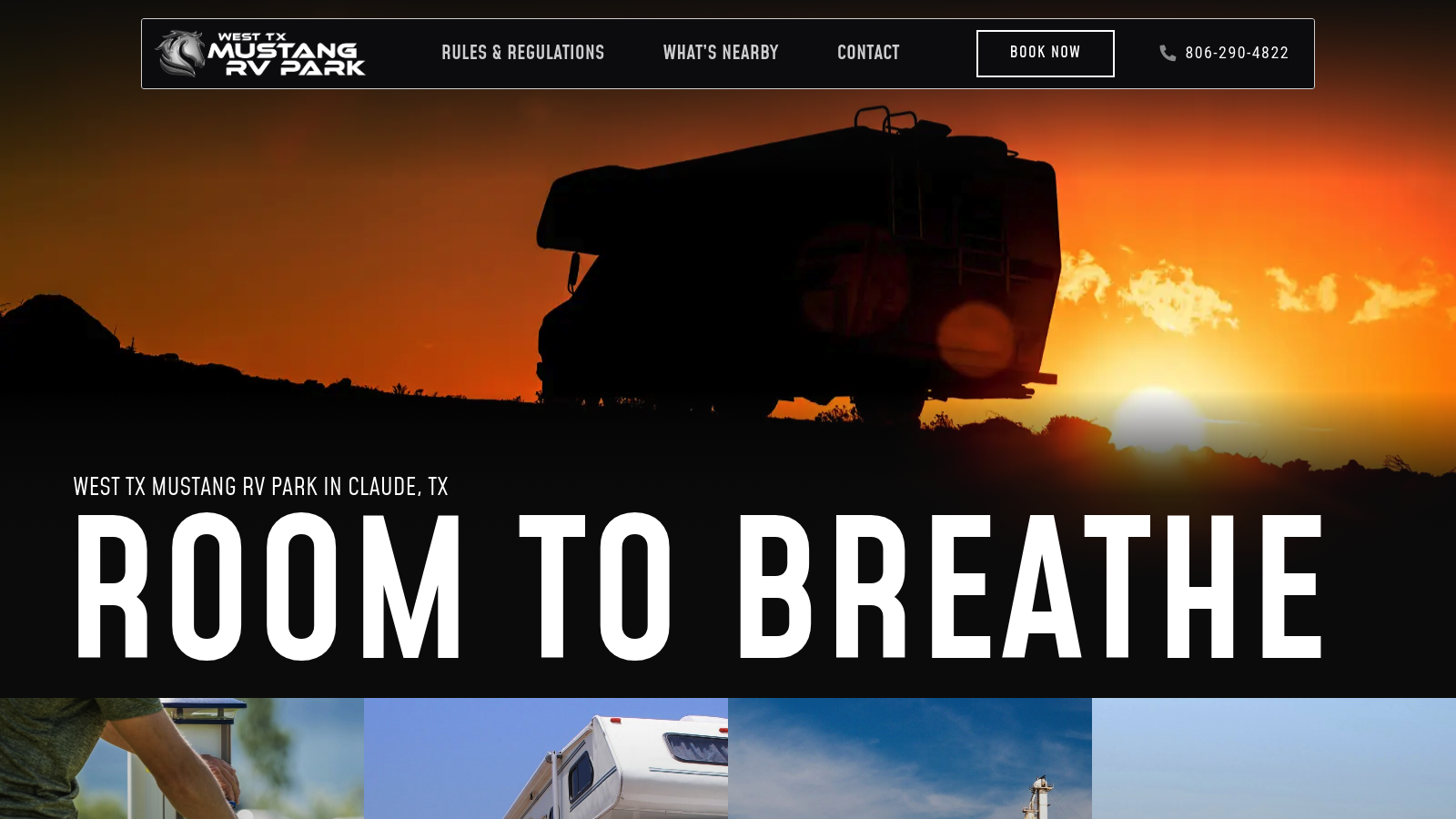 West TX Mustang RV Park homepage showing the park in Claude, Texas with a Book Now button